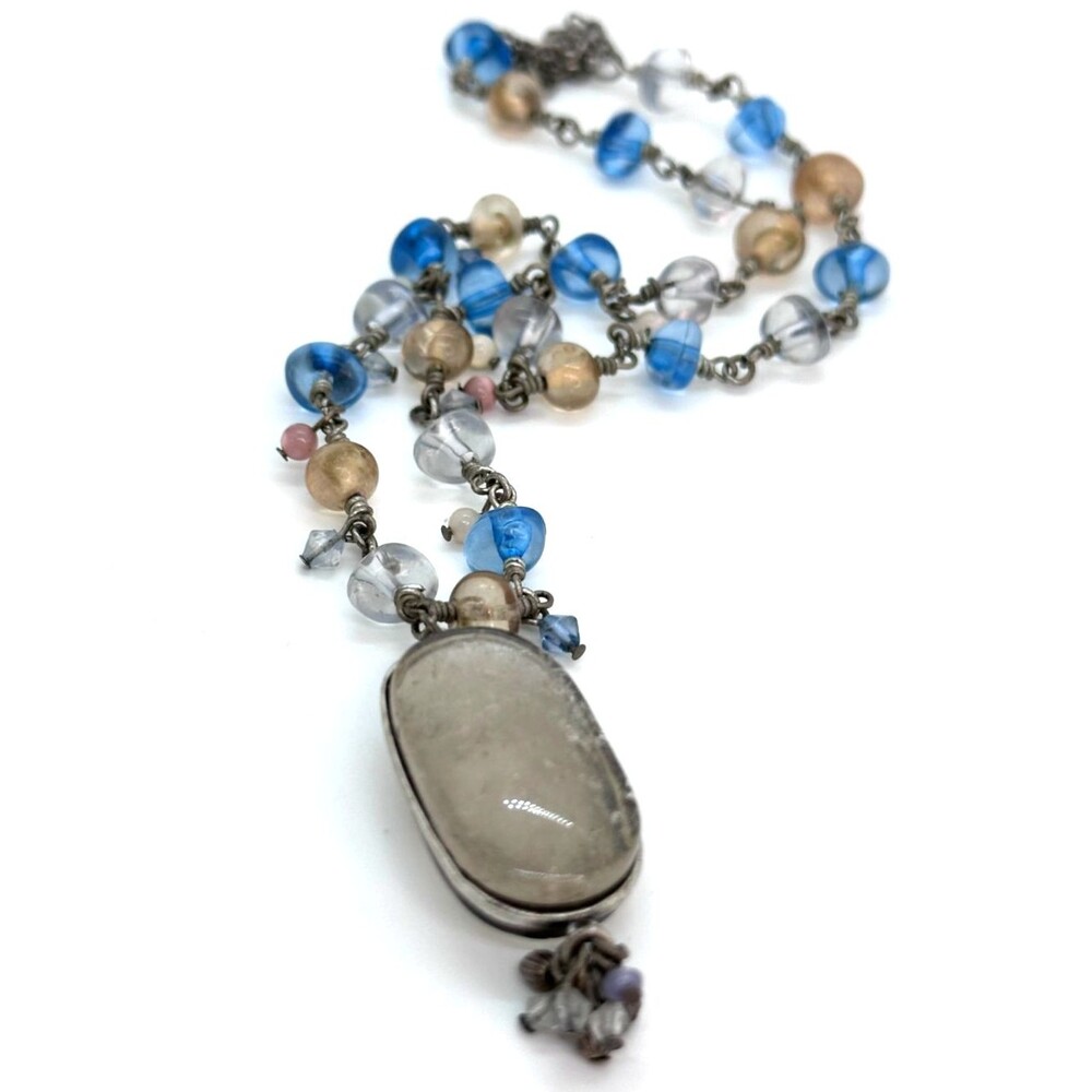 Vintage Monet Quartz Pendant Pastel Beaded Necklace Blue Peach